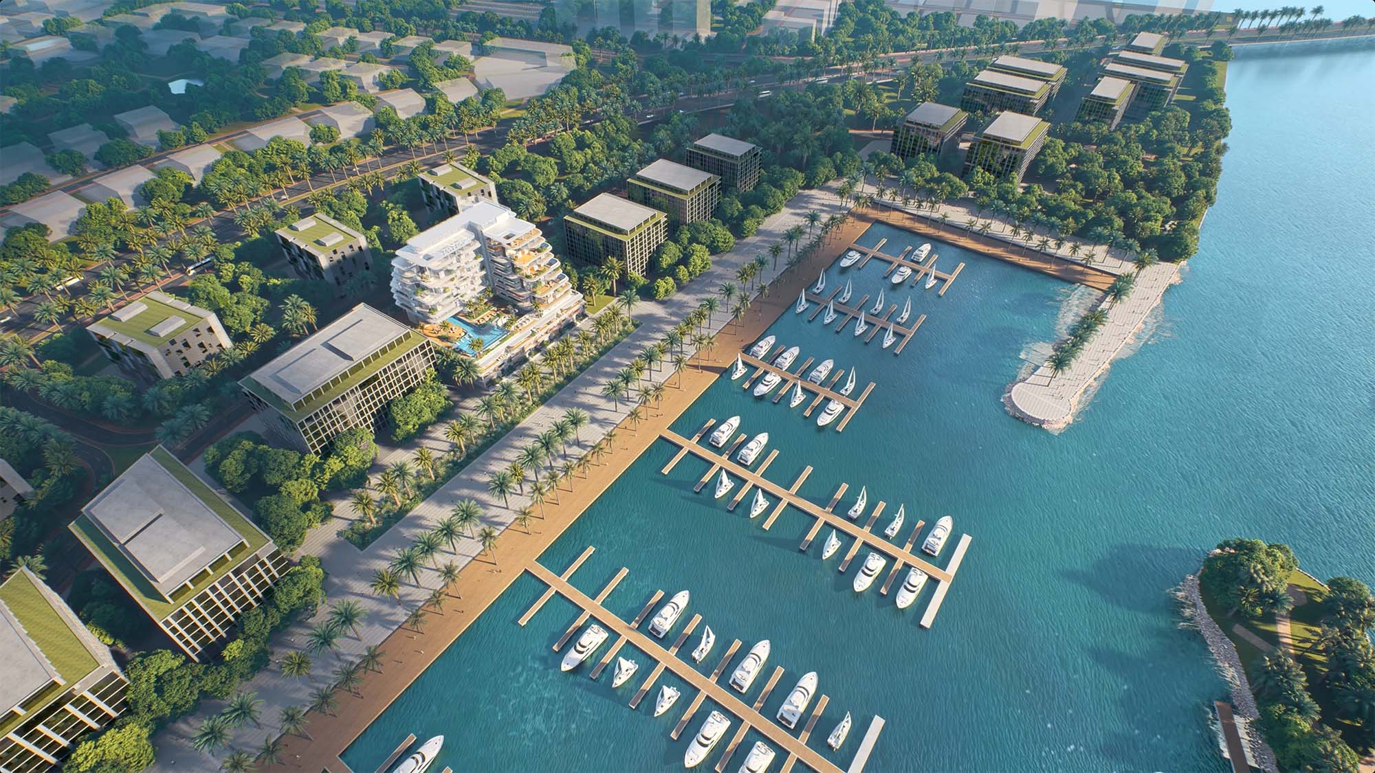 Cotier House By Imtiaz Aerial view of a marina with yachts, surrounded by modern buildings and lush greenery along the waterfront.